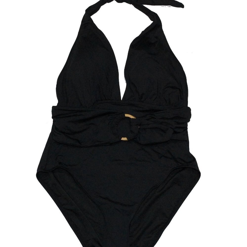 NWT Kate Spade New York Black Belted Halter One Piece Swimsuit Large L